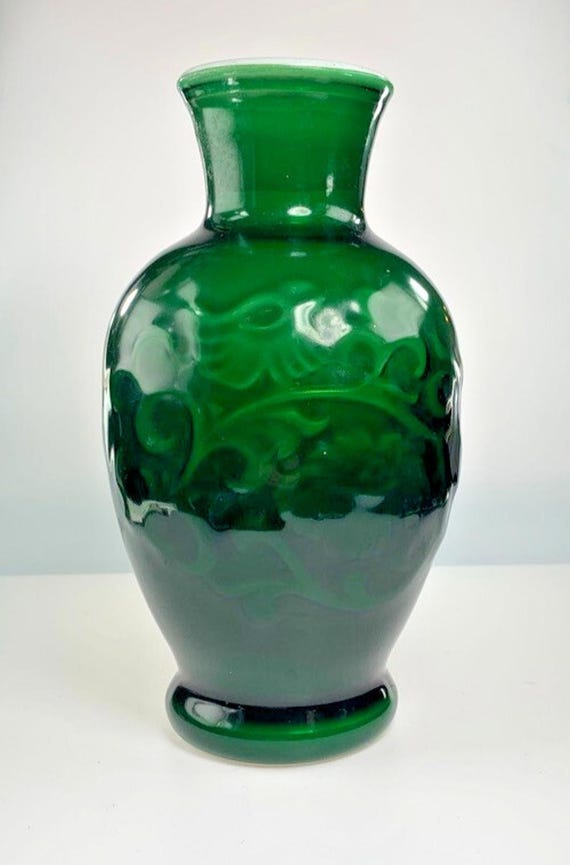 Vintage 1981 Avon Glass Vase Spring Bouquet Range. Fragranced 17cm Tall Vase in Jade Green & Embossed Design
