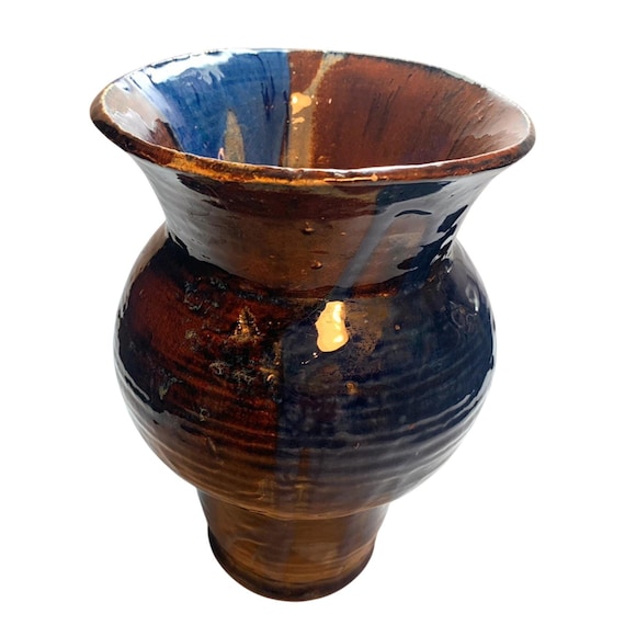 Vintage Pottery Vase in Blue Drip Glaze Enamel. Mid Century Pottery Vase