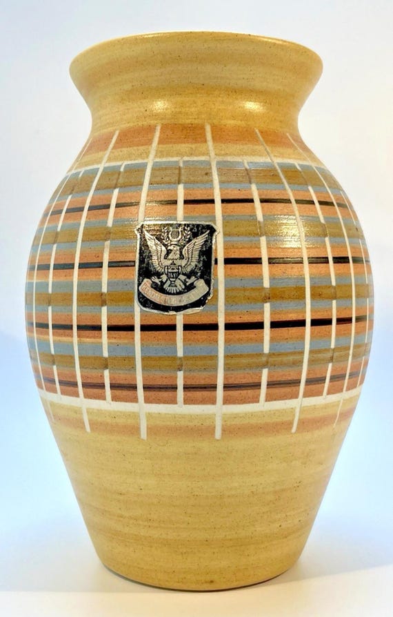 Mid Century Kendal Pottery Vase in Neutral Tones & Blue. H23cm. Hand Thrown Vase