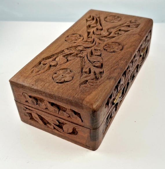 Vintage Jali Box. Indian Hand Carved Wooden Box in Hard Wood W16.5cm