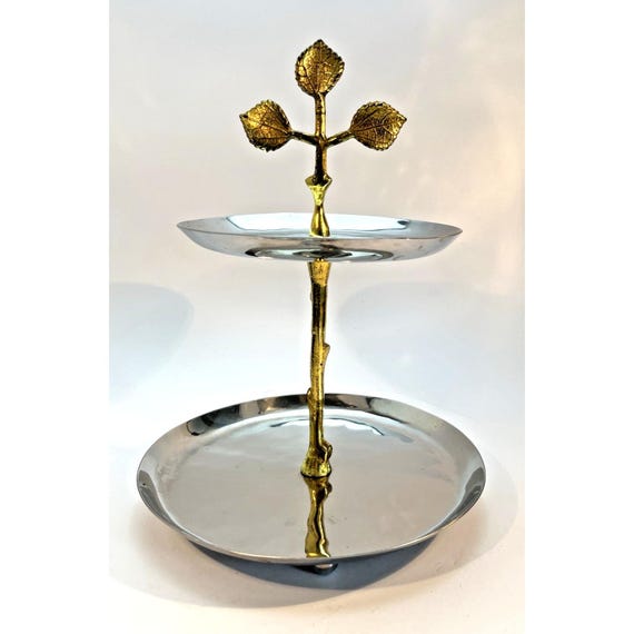 Decorative Cake Stand or Sandwich Stand in Silver & Gold Tone Metal. Two Tier