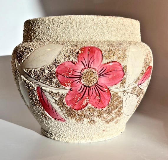Art Nouveau Plant Pot Planter Cream Stipple Effect with Pink Gold Floral Detail