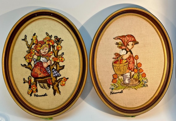 1970s Hummel Embroidery Framed Pictures. Vintage Needlepoint, German Wall Art