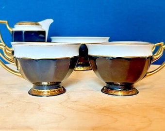 Zestaw do kawy Pirkenhammer Czechosłowacja Art Deco w kolorze czarno-złotym, dzbanek, miska, filiżanki