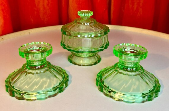1940s Davidson Green Glass Candle Holders and Lidded Trinket Bowl. Emerald Glass