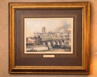 Lámina vintage enmarcada del puente Elvet de Durham con marco dorado, arte mural de la catedral y el castillo.