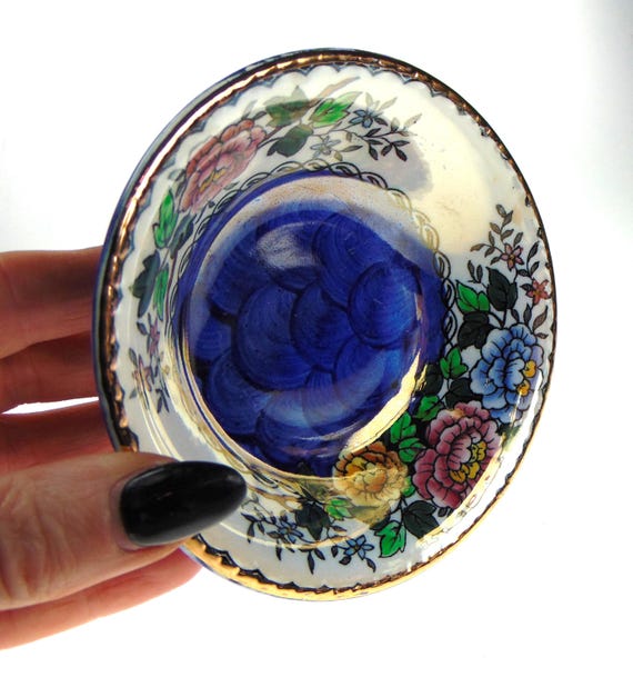 Small Maling Peony Rose Dish or Bowl in Blue Hand Painted Lustre