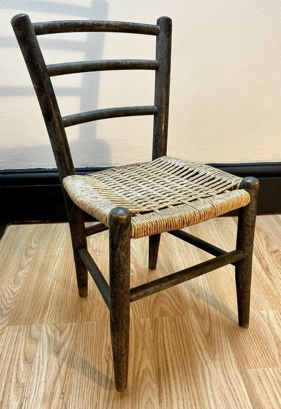 Antique Child’s Ladder Back Chair with Woven Wicker Rush Seat Rustic Nursery