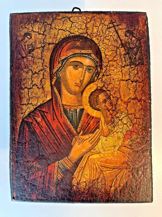Vintage Virgin Mary of Passion & Jesus on Wooden Plaque Reproduction of Original