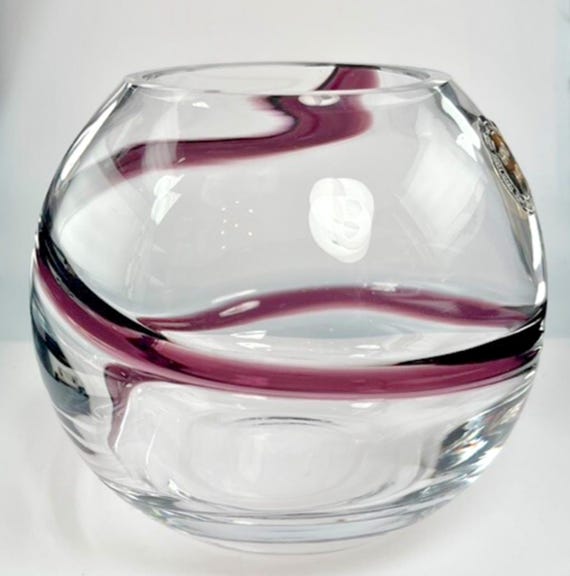Hand Blown Glass Globe Vase with Purple Swirl Detail. 14cm x 14cm. Vase, Planter, Decorative Bowl