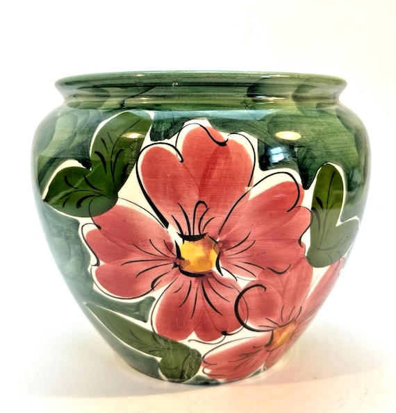 Vintage Portuguese Planter by Obrarte in Green & Pain. Hand Painted Planter