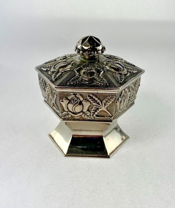 Vintage Metal Trinket Box in Silver Plate with Rose Detail & Blue/Black Velvet. Lidded Pedestal Bowl