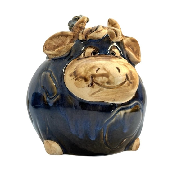 Vintage Cow Cookie Jar Blue Glazed Pottery Biscuit Barrel Lidded Kitchen Storage