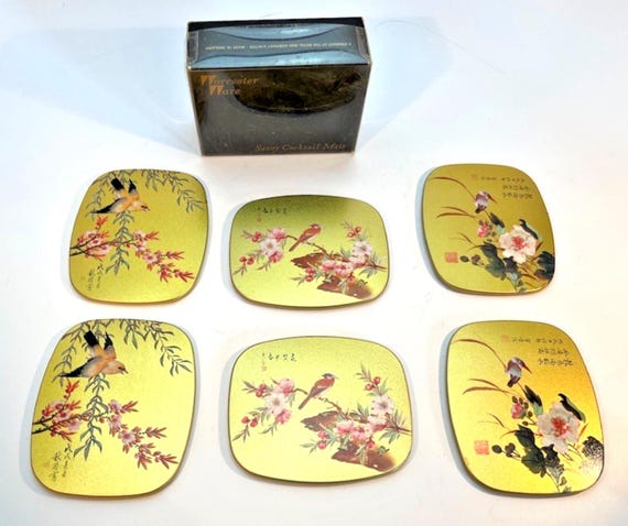 Vintage Worcester Ware Savoy Cocktail Mats / Coasters Gold 1950s Japanese Birds