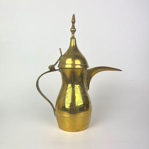 May include: A polished brass coffee pot featuring a tall, pointed lid with a finial, a curved handle, and a long, slender spout. The body of the vessel is decorated with an engraved floral pattern centered within an oval frame on the front.