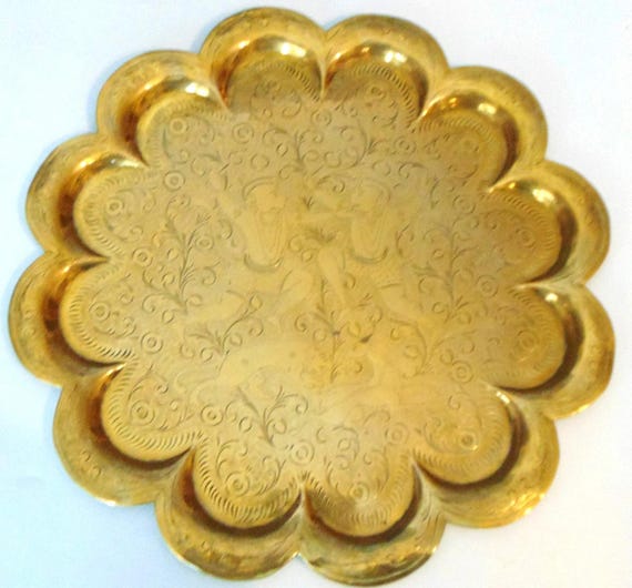 Large Antique Indian Charger Plate in Solid Brass with Decorative Etchings