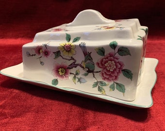 Butter Dish Old Foley James Kent 1950s Flowers Birds Vintage Cheese Dish