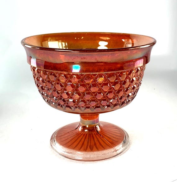 Vintage Crosshatch Carnival Glass Pedestal Bowl in Marigold / Orange Glass. 1930s Glass. Pressed Glass Bowl. Rare Carnival Glass