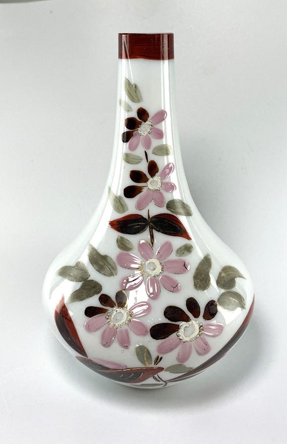 Victorian White Glass Single Stem or Bud Vase. Antique Hand Blown Glass with Floral Artistic Detai