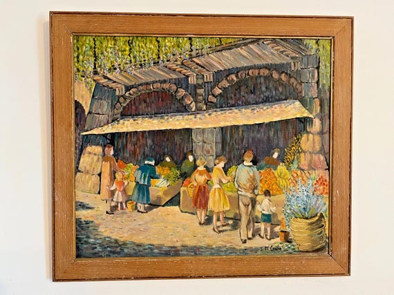 Vintage Framed Oil Painting by J McCann of a Market Scene 65x57cm Shopping Art