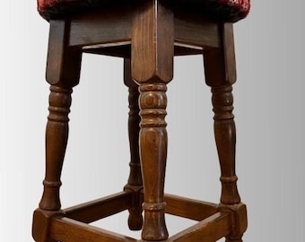 Vintage Oak Stool Footstool Turned Legs Upholstered Seat Wooden Bar Stool