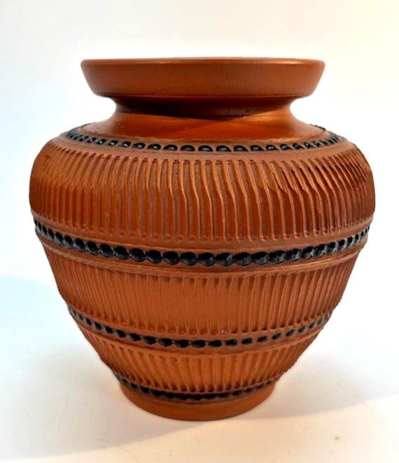 Vintage German Sgraffito Decorative Urn Vase 1970s H12cm VGC Terracotta & Black