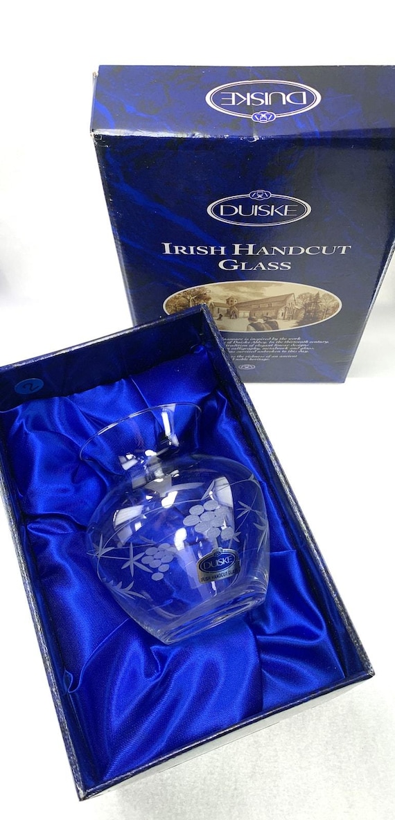 Duiske Etched Glass Vase, Irish Squat Vase, Bohemian Vase, In Original Box. Hand Made Irish Glass c. 1970