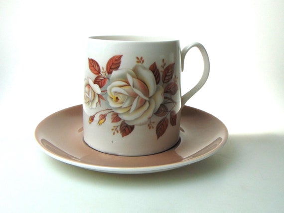 China Coffee Cup and Saucers from Queen Anne's Autumn Rose Coffee Service. Sugar Bowl and Creamer. Available as a Set or Separate Duos