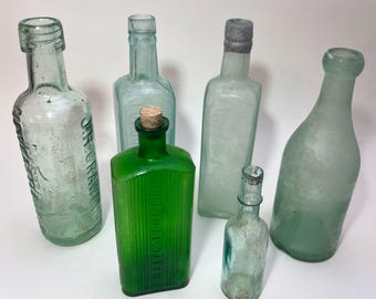 Vintage Green & Aqua Glass Bottle Job Lot Antique Style Apothecary Bottles
