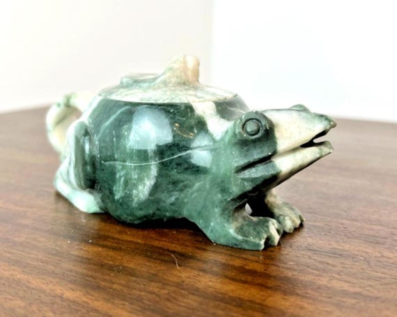 Antique Chinese Frog Teapot in Moss Agate Stone. Small Hand Carved Teapot VGC