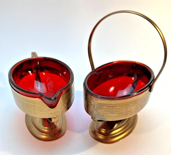 Vintage Ruby Glass Dishes with Gold Tone Metal Finish 2 Bowls Condiments Serving