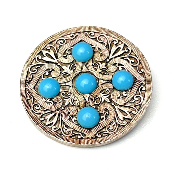 Mid Century Faux Turquoise Brooch in a Silver Tone Metal Vintage Pin Brooch VGC