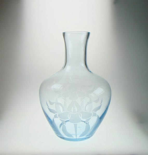 Clear Glass Bulbous Vase with Blue Tones & Acid Etch Floral Motif