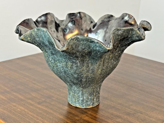 Signed Ikebana Vase Handmade Ceramic, Sculpture. Vintage Handkerchief Vase Green
