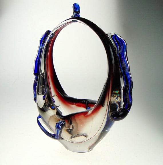 Vintage Murano Glass Basket or Handled Bowl in Blue, Red and Clear Glass