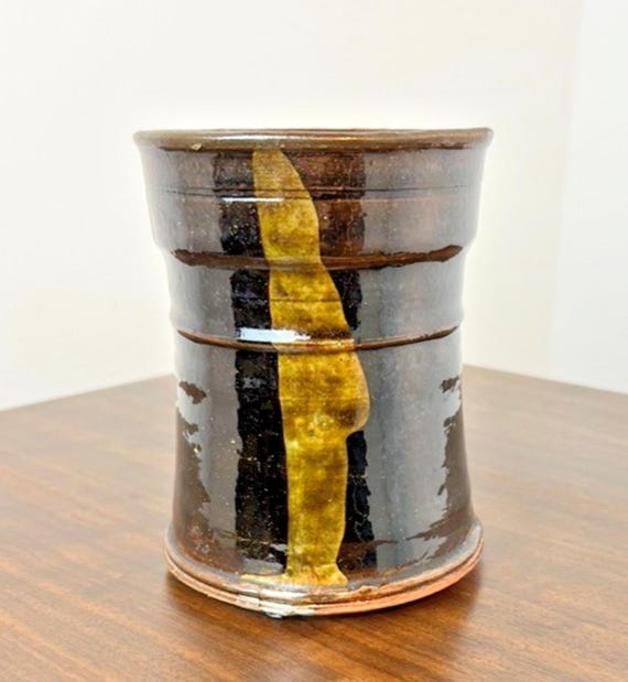 Gloss Enamel Pottery Vase in Dark Brown & Olive Signed 'LW 86' or 'WL 86'. VGC