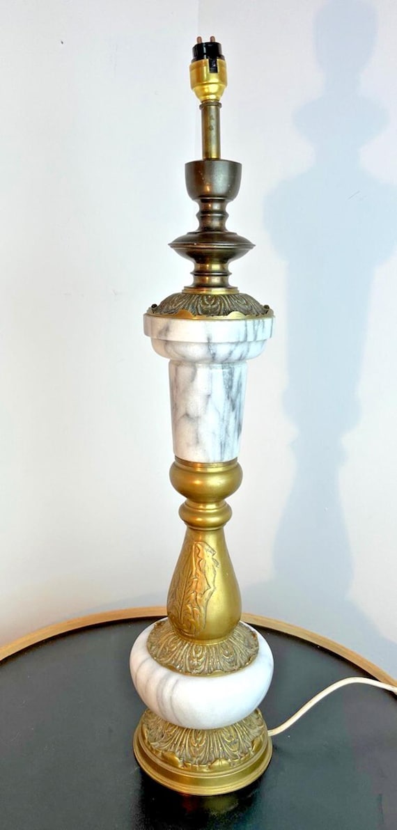Mid Century Brass & Marble Table Lamp, Regency. 6.5Kg Weight, H88cm W15cm