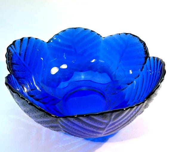 Cobalt Blue Glass Bowl: Mid-Century Leaf Pattern Decorative Bowl