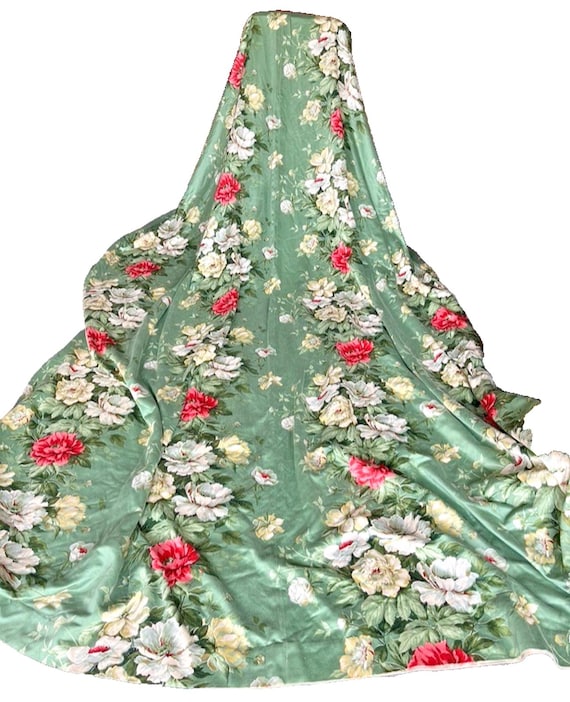 Huge Vintage Curtains in Green & Pink Floral Sateen Cotton L287xW140 Fully Lined