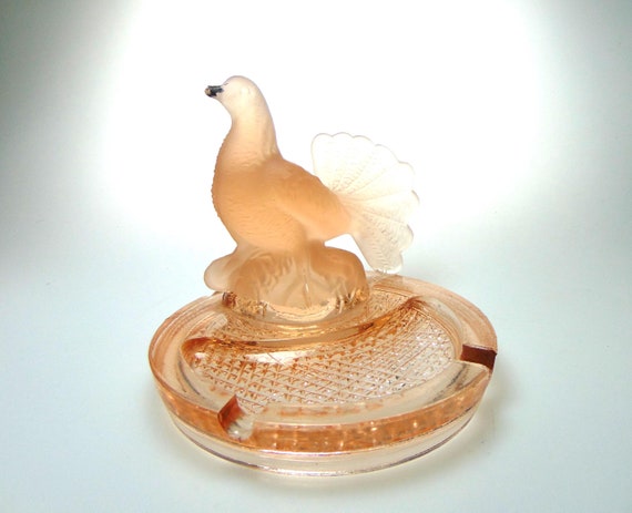 Rare Fantail Dove Frosted Glass Dish, Ashtray, Soap Dish or Trinket. Salmon Pink Glass. Art Deco