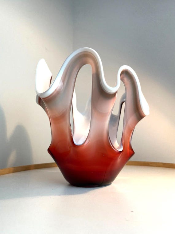 Mid Century Art Glass Vase Stretch Glass Red & White H21.5cm W20.5cm Red Glass
