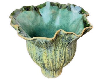 Vaso porta fazzoletti in ceramica vintage firmato, stile Ikebana, colore verde, 12 cm.