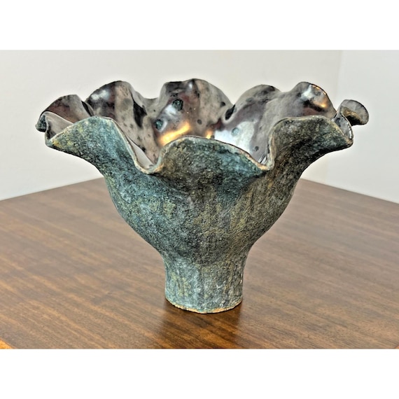 Signed Handmade Ikebana Vase, Vintage Green Handkerchief Pottery, Art Sculpture