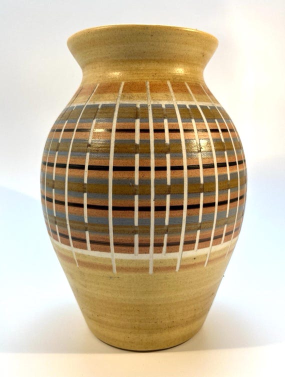 Kendal Pottery Vase Beige, Lake District Pottery Brown & Salmon Vintage H23cm VGC