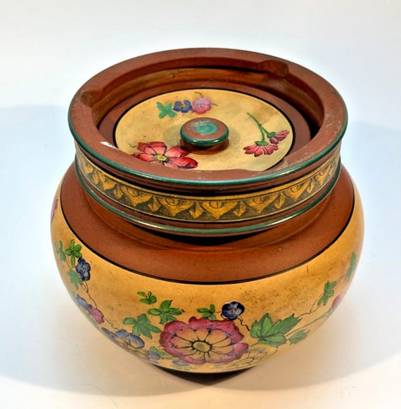 Vintage Pottery Tobacco Jar Handmade Terracotta Hand Painted Tobacciana