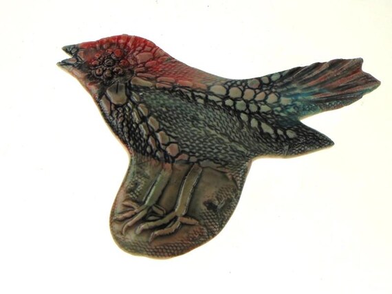 Large Hand Made Clay Bird Brooch Hand Painted in Green & Pink Enamel