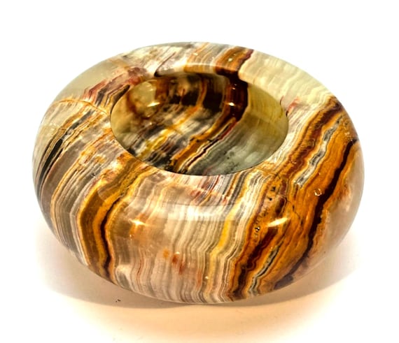 Vintage Green Onyx Ashtray, Heavily Detailed Onyx Ashtray in Green, Brown, Cream