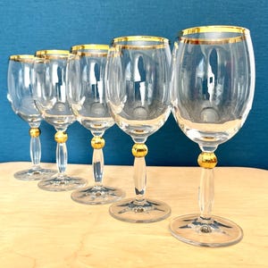 Vintage Gold Rim Wine Glasses Set of 5 Elegant Stemware Crystal Style Goblets
