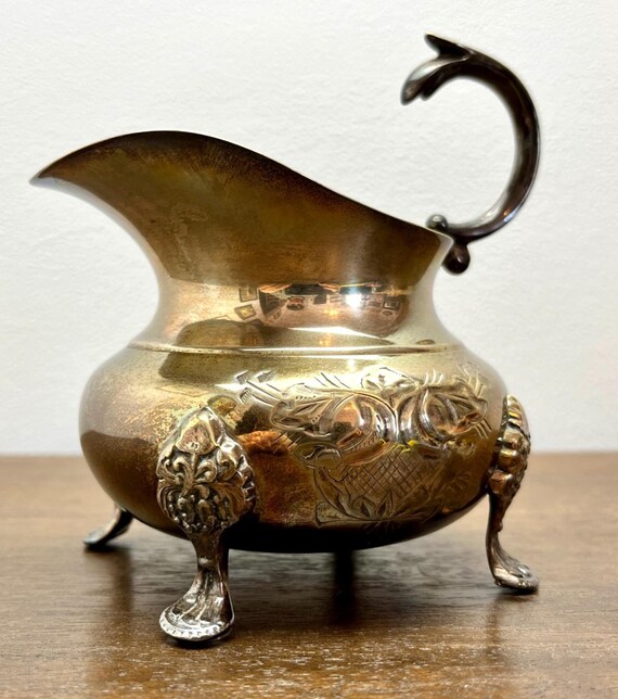 Vintage Silver Plated Cream Jug with Ornate Feet & Handle Mid Century EPNS