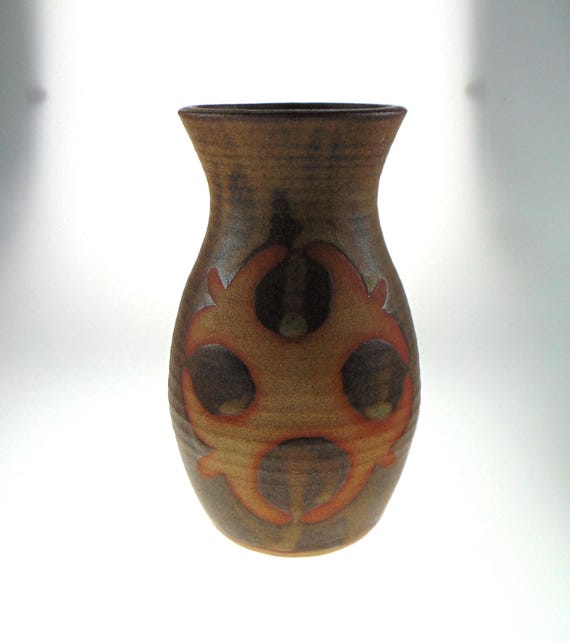 Mid Century Pottery Vase for Flowers in Orange & Brown